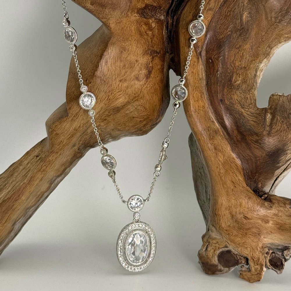 Nadri Crystal Pendant Necklace Silver Tone Oval Drop Rhinestone Halo